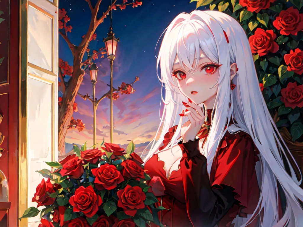 beautiful, mysterious vampire lady, red roses,white hair, mysterious setting, mysterious red lights in the distance