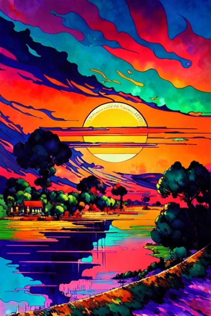Astonishing landscape artwork, Fusion between Cell-shading And Alcohol Ink, captivating, Lovely, enchanting, in the style of Jojos Bizarre adventure and Yuko Shimizu, stylized, anime Art, Skottie Young, Paul Cezanne, Pop art deco, Vibrant, sunrise
