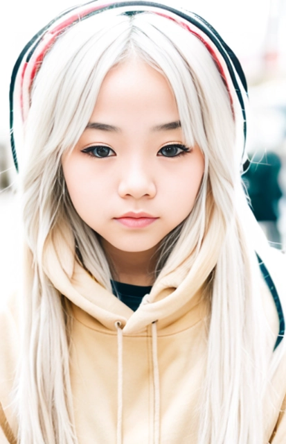 Young Japanese teen girl with long white hair wearing a beige hoodie with red lines on the hoodie