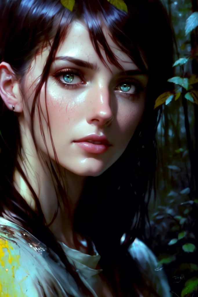 Beautiful woman in forest, detailed face, detailed eyes, insanely detailed, brown hair. Hazle eyes. concept art by Stephen Gammell, Pino Daheny, Jeremy Mann, Alex Maleev, Carne_Griffiths, 32k, studio cinematic lighting, oil on canvas, fine art, super efficient light, crisp focus, graininess, feeling of passion, ideal body proportions